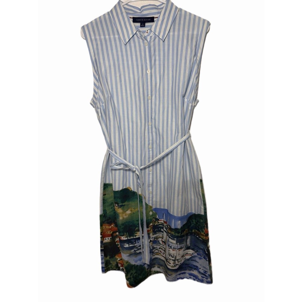 Tommy Hilfiger Striped Shirt Dress Blue White Sleeveless Belted Size 10